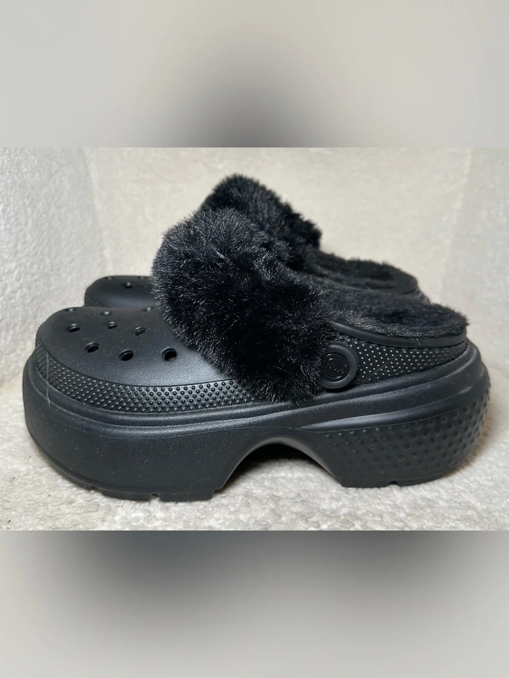 Crocs Stomp Lined Clog Black Faux Fur Platform Shoes Y2K Goth Punk Chunky Emo 8